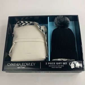 Cynthia Rowley New York Creme Backpack Purse Black knit pompom hat Gift Set NWT